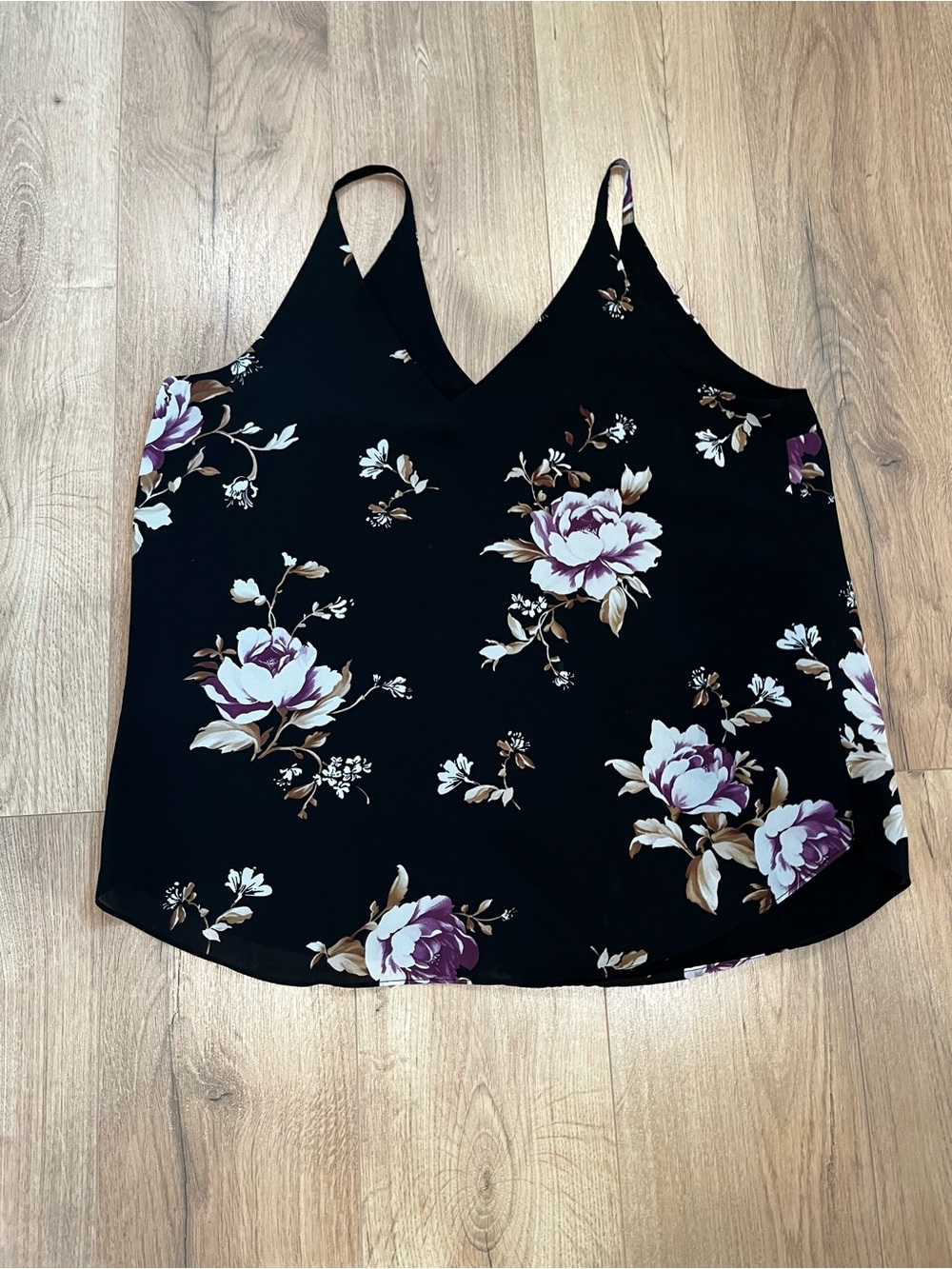 Kismet Black Floral V-Neck Cami with Purple and Cream Blooms - Picture 2 of 3